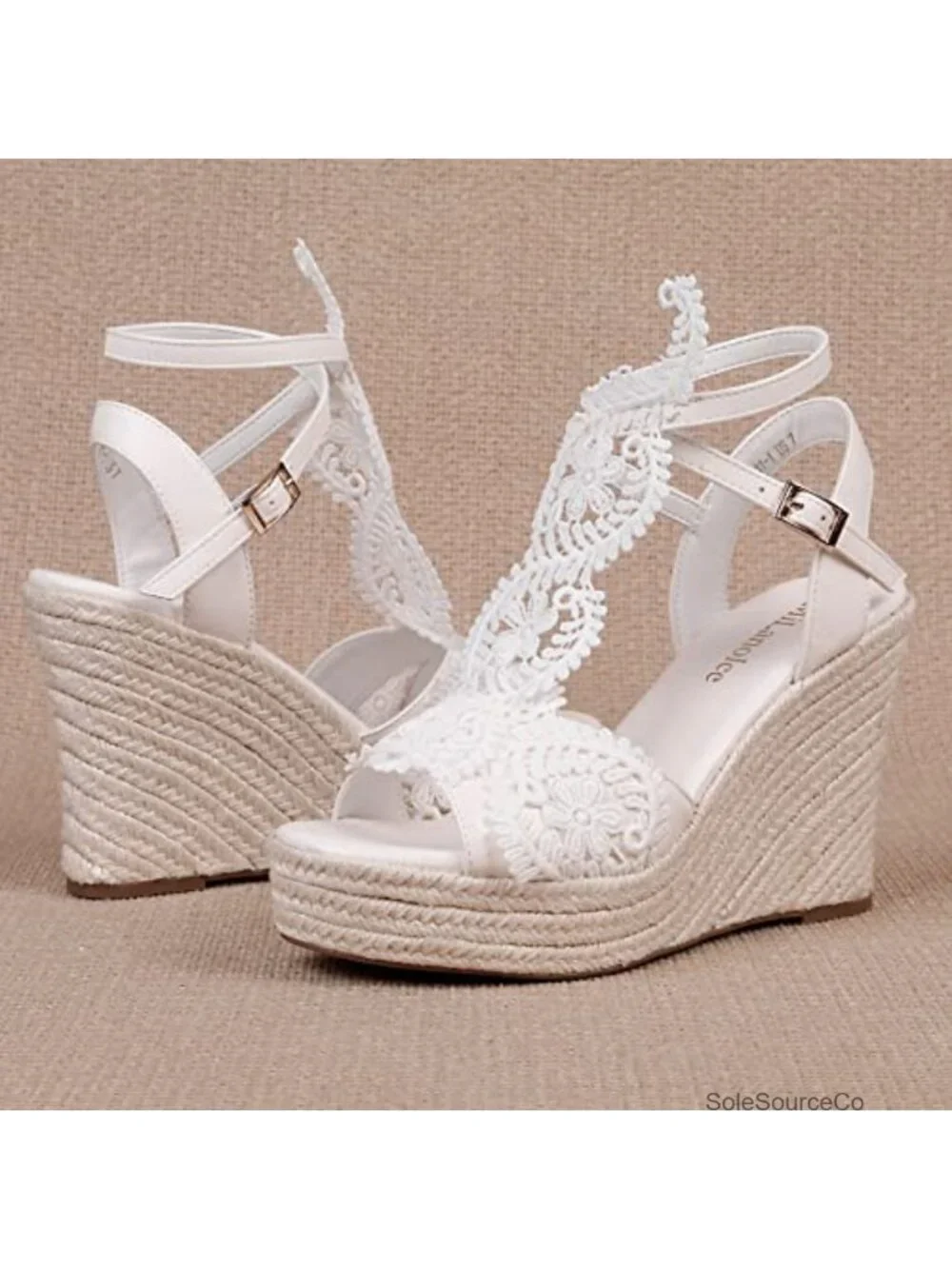 Lace PU Leather Wedge Sandals Open Toe Ankle Strap 4.3